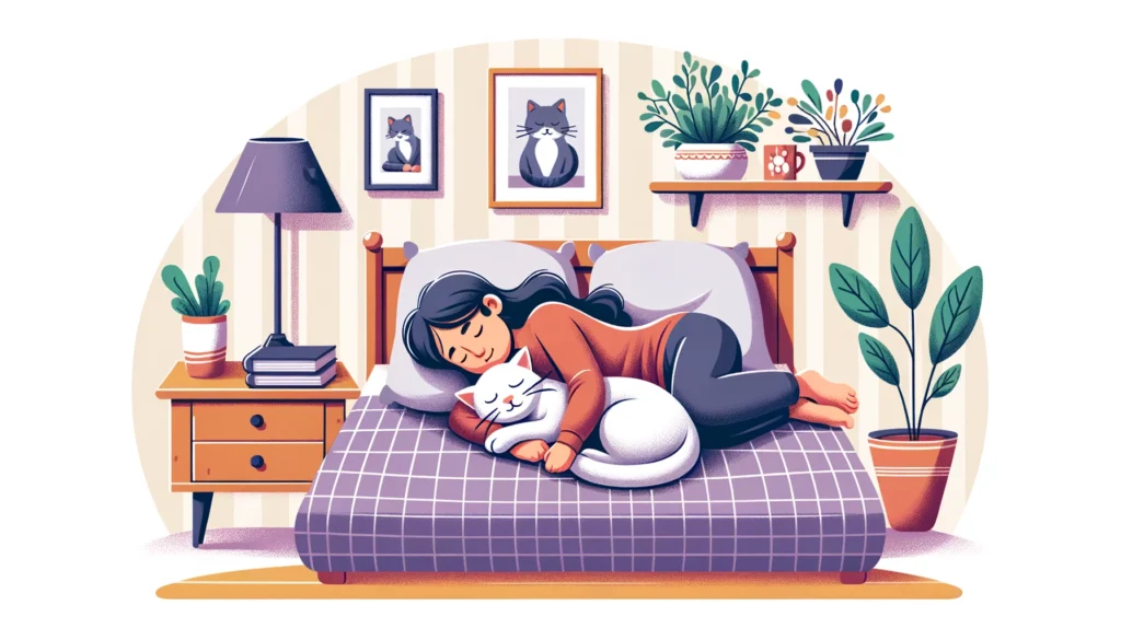 Vector Design Of A Heartwarming Scene Showing A Cat Curled Up Next To Its Owner On A Bed, With Both Sleeping Soundly. The Room Is Decorated With Cat-Friendly Plants And A Nightstand With A Photo Frame, Capturing The Bond Between The Cat And The Owner.