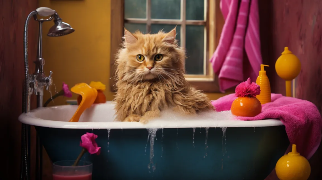 Bathing Cat At Home 